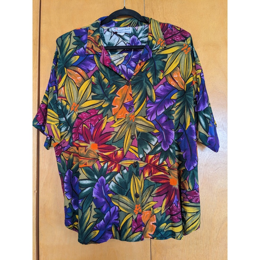 Vintage 90s Rayon Camp Shirt Plus Size 26W Tropical Hawaiian Blouse Made in USA